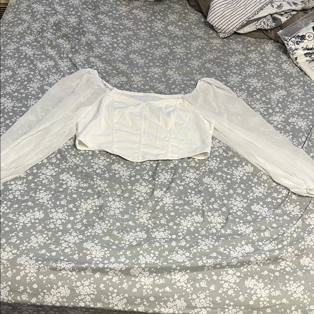Mesh sleeved white womens top